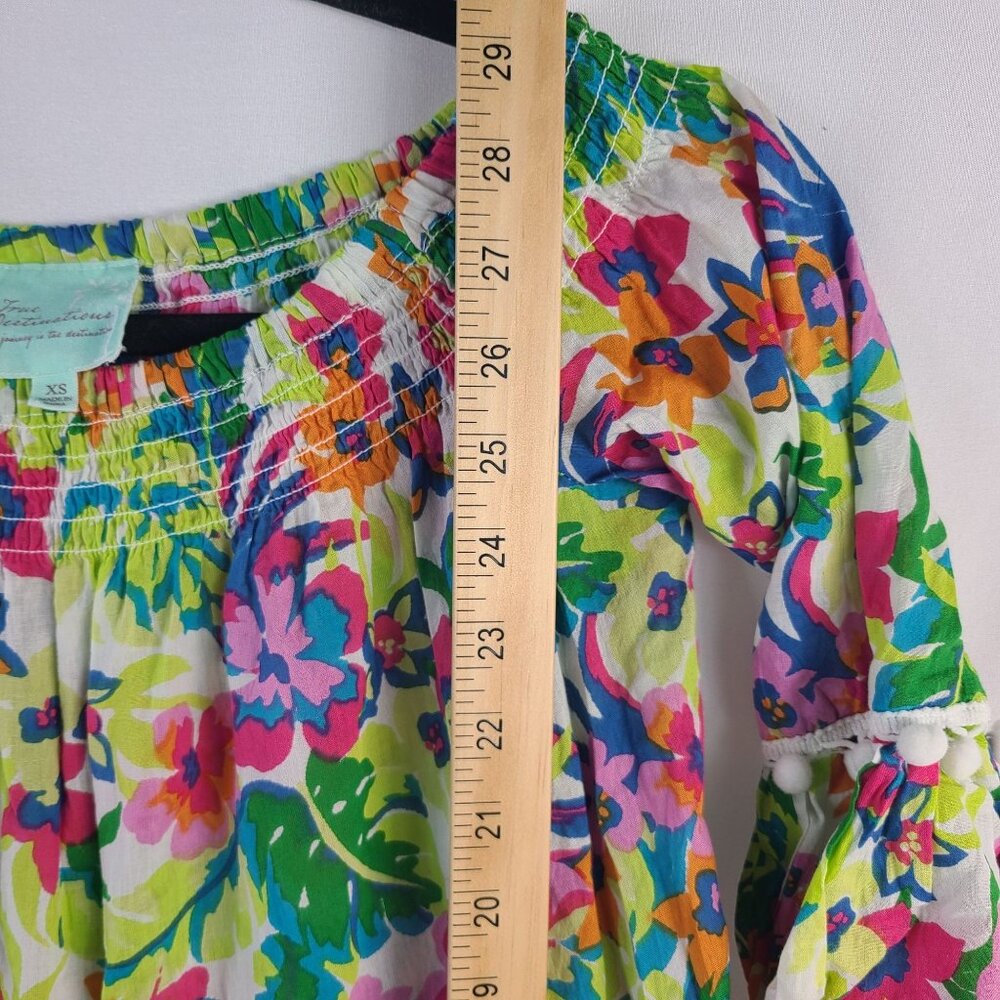 True Destinations Floral Off-Shoulder Bell Sleeve Pom Pom Hem Dress Sz XS - Picture 7 of 9